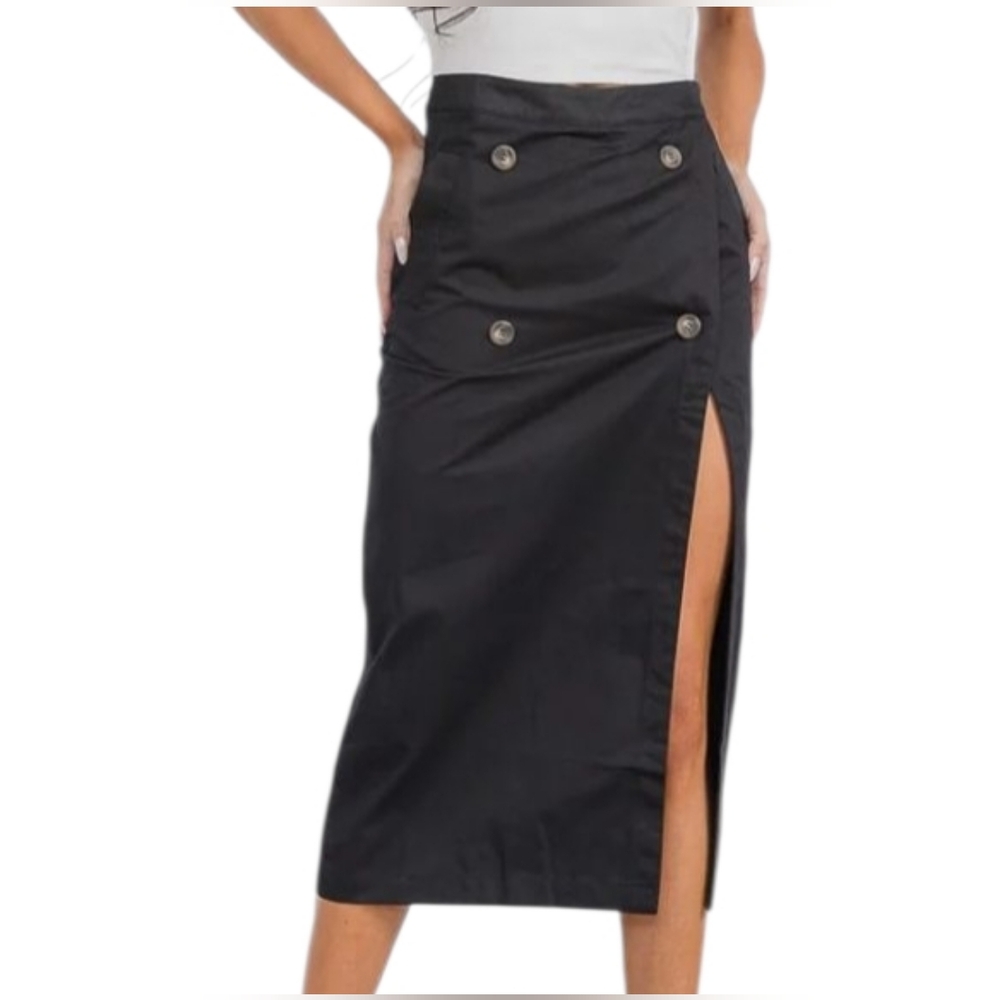 The Noir Cut Black Button-Detail High Slit Midi Skirt Sz Sm